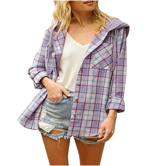 Flannel Shirt for Women Plaid Hooded Shacket Jacket Coat Women's Plaid Button Long Sleeve Drawstring Hoodie Overshirt Jacket