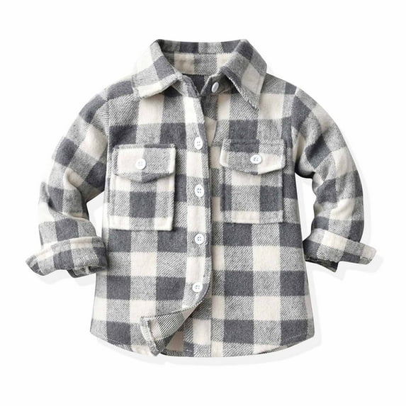 Flannel Shirts for Baby Boys Girls Long Sleeve Lapel Button Plaid Shirt with Pockets Casual Loose Blouses Tops Jackets Fall Winter Coat Outerwear Gray 6-12 Months