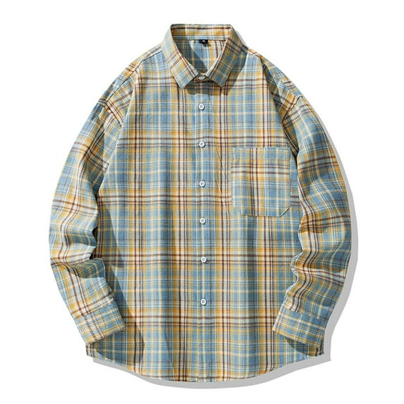 Flannel Shirts for Men Oversized Long Sleeve Button Down Buffalo Plaid Shirt Blouse Tops on Light Blue L