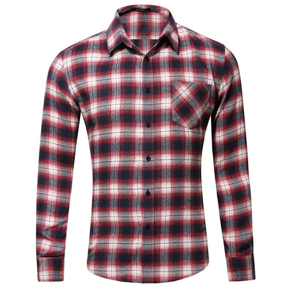 Flannel Shirts for Men Slim Fit Long Sleeve Button Up Plaid Shirt Brushed Soft Outdoor Shirts Red L
