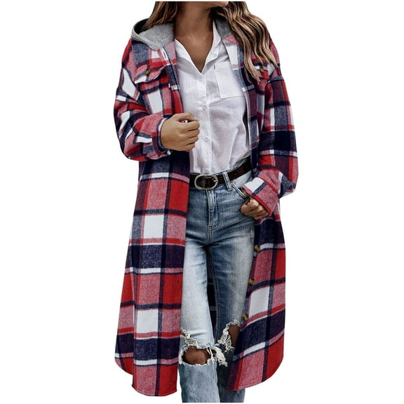 Flannel Shirts for Women Button Up Plaid Shirt Long Sleeve Fashion Long Hooded Blouse Coat