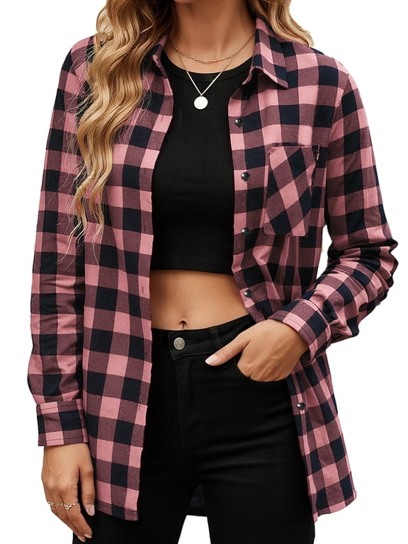 Button Down Shirts for Women Long Sleeve Casual Flannel Plaid Tops