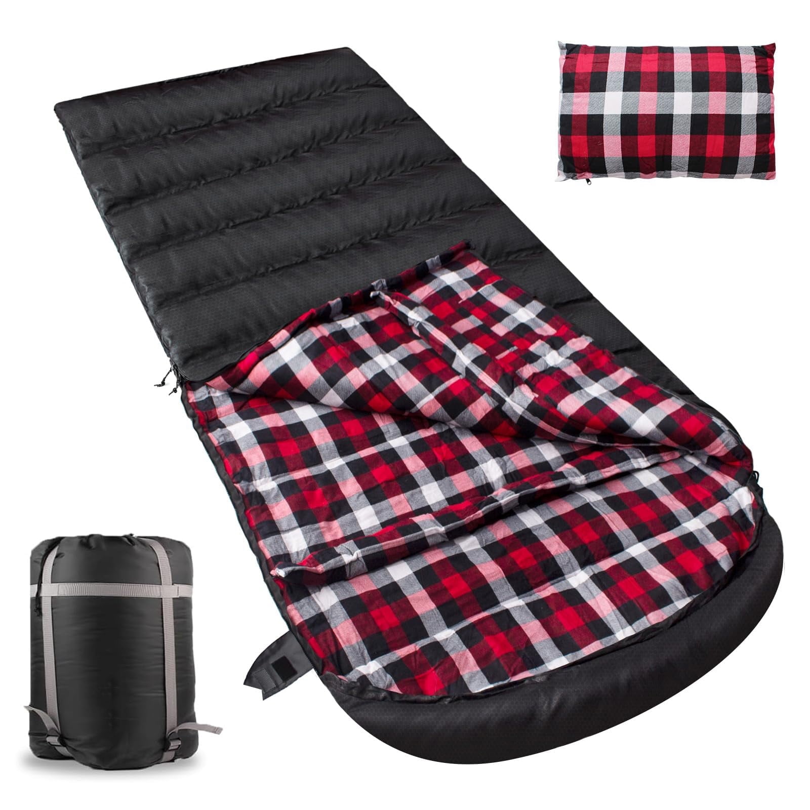 Flannel Sleeping Bag Cotton 0 Degree Cold Weather for Adults XXL Sleeping Bag 4 Season Big and Tall with Pillow Compression Sack (Left Zipper)