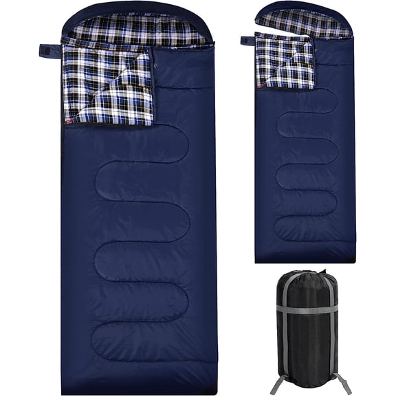 Flannel Sleeping Bag for Adults with Detachable Hood and Compression Sack Navy Blue 3lbs Filling