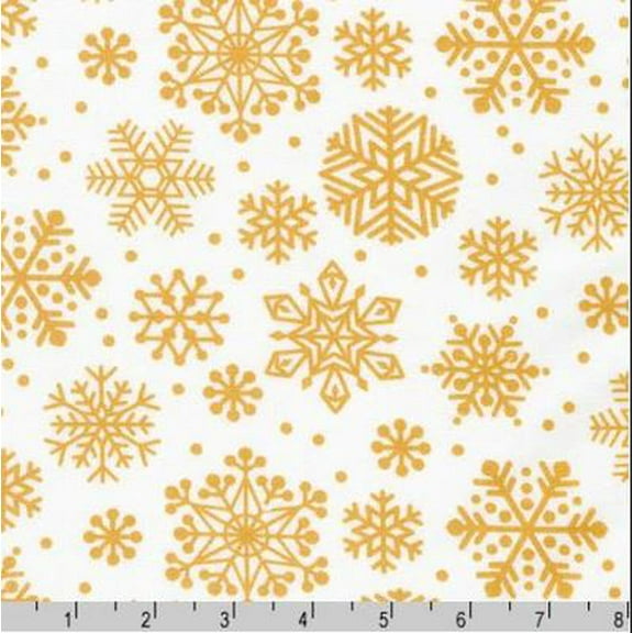 Flannel Snow Snuggles Flannel Wishwell Robert Kaufman Gold Snowflakes on White Holiday Christmas Winter Festive Cotton Flannel Fabric Print by the Yard (WELF-20965-254FROST)
