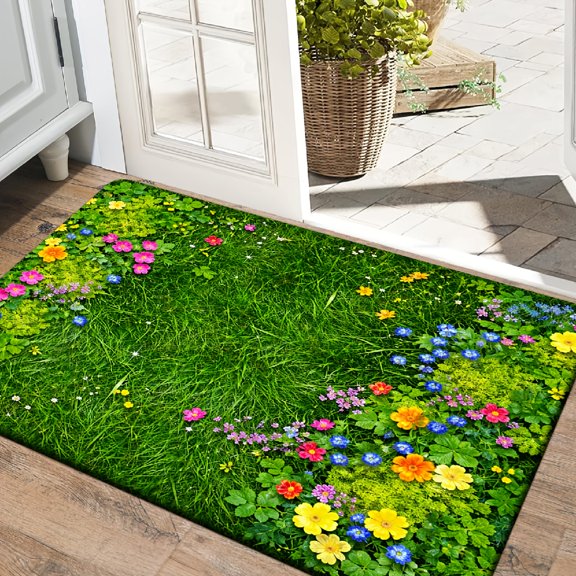 Flannel Sponge Door Mat 0.39" Thick, Wreath Grass Pattern, Non-Slip Washable for Kitchen Bathroom Bedroom Entryway