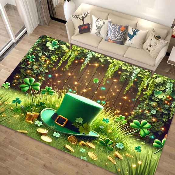 Flannel St. Patrick's Day Clover Coin Pattern Rug, Non-Slip Soft Green Hat Mat for Living Room Bedroom Kitchen Entrance, Machine Washable Home Decor Gift
