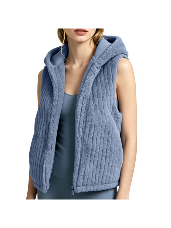 Flannel Striped Hooded Vest For Women, Zip-Up Sleeveless Hoodies Jacket, Ladies Fall & Winter Casual Loose Warm Top
