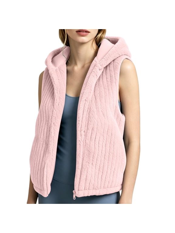 Flannel Striped Hooded Vest For Women, Zip-Up Sleeveless Hoodies Jacket, Ladies Fall & Winter Casual Loose Warm Top