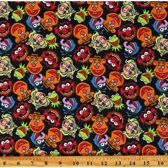 Flannel The Muppets Characters Faces Allover on Black Kids Miss Piggy Kermit the Frog Gonzo Fozzie Bear Puppets Kids Black Cotton Flannel Fabric Print by the Yard (85320107B-01)