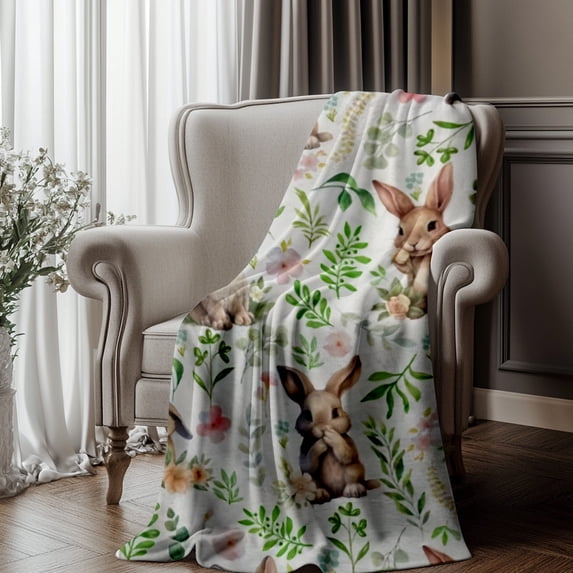 Flannel Throw Blanket with Bunny Rabbit Design, Soft Warm Cozy Fleece Blanket for Couch Bed Living Room, Lightweight Plush Blanket for Adults Home Decor Gift