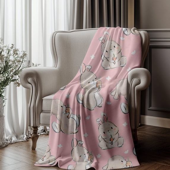 Flannel Throw Blanket with Bunny Rabbit Design, Soft Warm Cozy Fleece Blanket for Couch Bed Living Room, Lightweight Plush Blanket for Adults Home Decor Gift