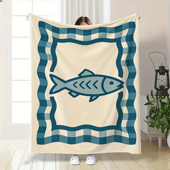 Flannel Throw Blanket, Fish Frame Print, All-Season Lightweight Blanket for Bed, Sofa, Office, Camping, Travel, Machine Washable, Creative Gift for Halloween Christmas