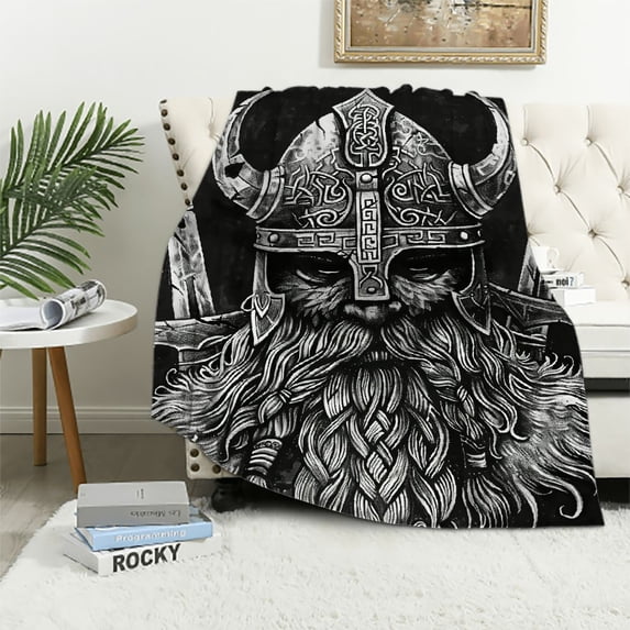 Flannel Throw Blanket Norse God with and Viking Warrior Engraving Style on The Black Home Decorative Warm Cozy Soft Blanket for Couch Sofa Bed