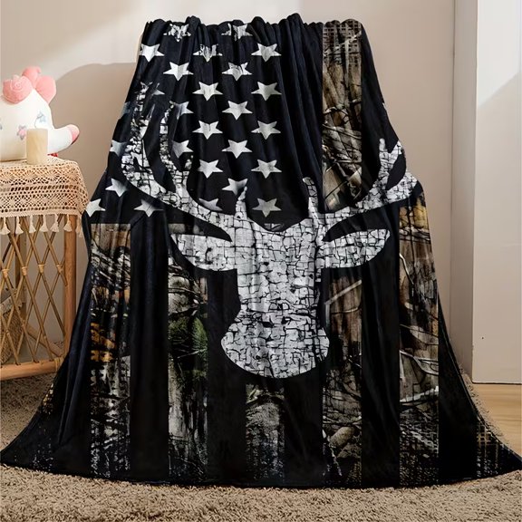 Flannel Throw Blanket Patriotic American Flag Deer Head Design
