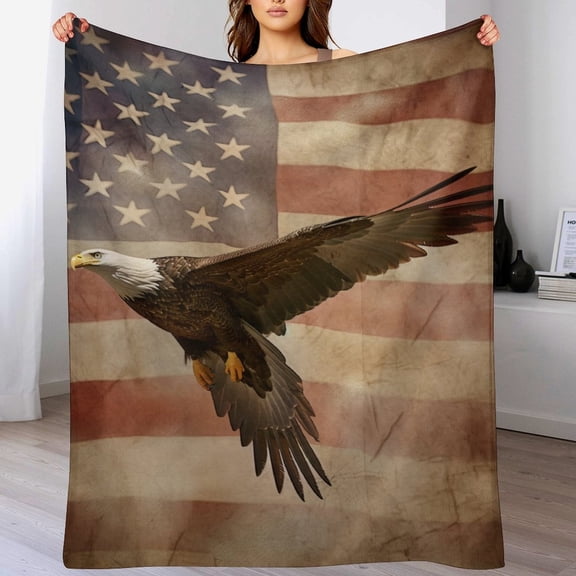 Flannel Throw Blanket Rustic Bald Eagle With American Patriotic Flag Throw Blanket Super Soft Warm Throw Flannel Blanket for Winter Bedding Couch And Gift 4th of July Throw Blanket 60"x80"