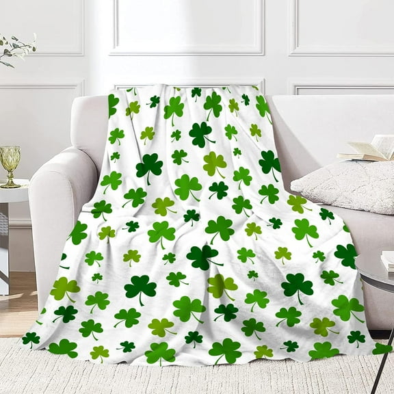 Flannel Throw Blanket St Patricks Day Lucky Spring Green Clover Shamrock Cozy&Soft Plush Blankets for Bed Couch Living Room Sofa Chair