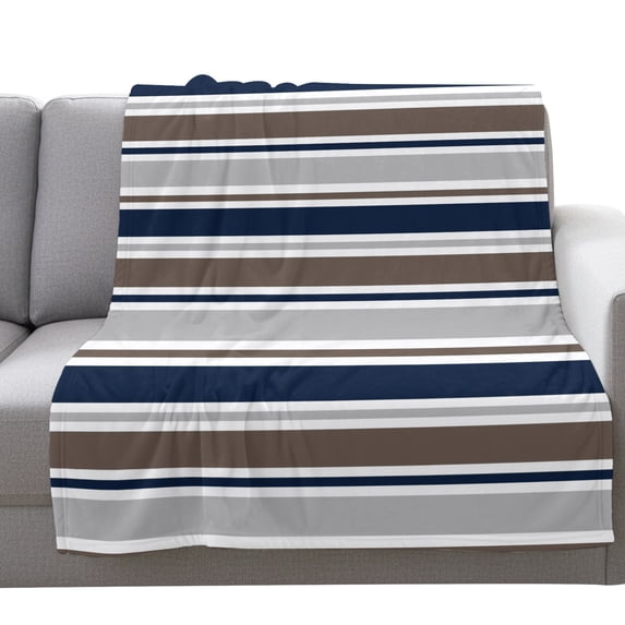 Flannel Throw Blanket for Couch Sofa Bed,Abstract Navy Blue Brown Stripes Line Soft Cozy Warm Fuzzy Blanket 40x50in