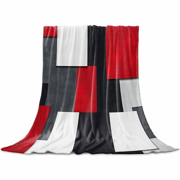 Flannel Throw Blanket for Couch Sofa Bed,Abstract Red Black White Gray Color Block Soft Cozy Warm Fuzzy Blanket 30x40in