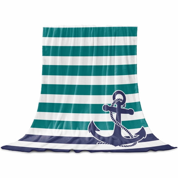 Flannel Throw Blanket for Couch Sofa Bed,Anchor Teal White Stripe Country Soft Cozy Warm Fuzzy Blanket 30x40in