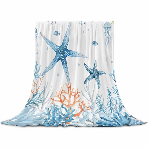 Flannel Throw Blanket for Couch Sofa Bed,Blue Coral Starfish Jellyfish on White Soft Cozy Warm Fuzzy Blanket 30x40in