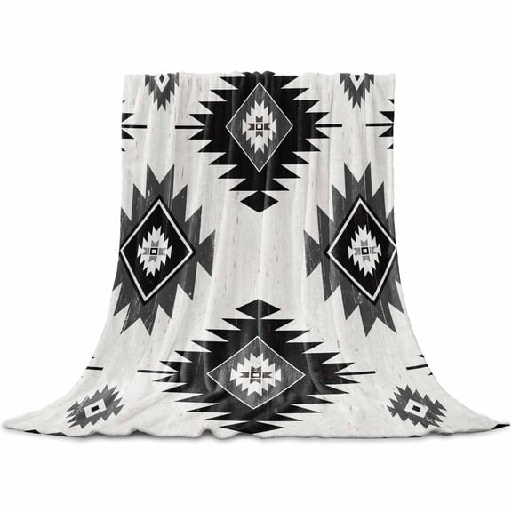 Flannel Throw Blanket for Couch Sofa Bed,Bohemian Aztec Geometric Black Gray Soft Cozy Warm Fuzzy Blanket 30x40in