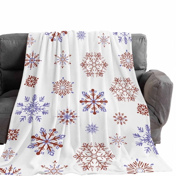 Flannel Throw Blanket for Couch Sofa Bed,Christmas Abstract Blue Maroon Snowflakes Soft Cozy Warm Fuzzy Blanket 30x40in