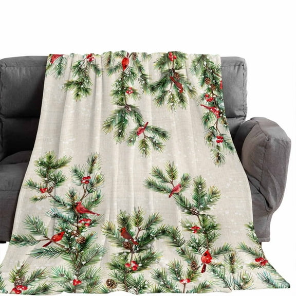 Flannel Throw Blanket for Couch Sofa Bed,Christmas Red Cardinal on Spruce Branch Leaves Soft Cozy Warm Fuzzy Blanket 30x40in