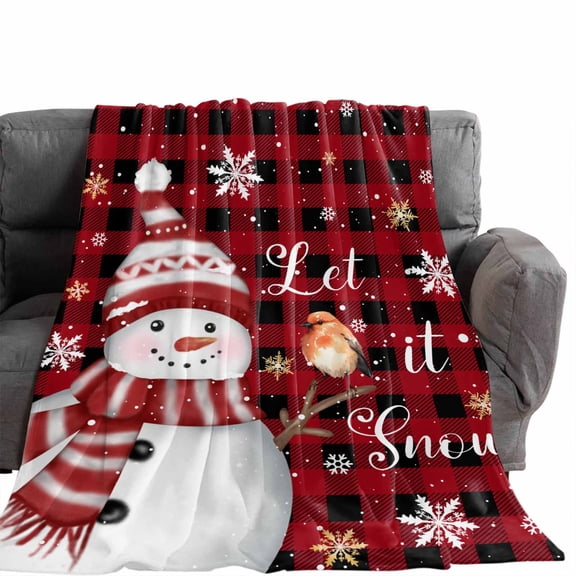 Flannel Throw Blanket for Couch Sofa Bed,Christmas Snowman Bird Red Black Buffalo Plaid Soft Cozy Warm Fuzzy Blanket 30x40in