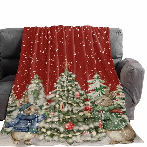 Flannel Throw Blanket for Couch Sofa Bed,Christmas Tree Cartoon Rabbit Soft Cozy Warm Fuzzy Blanket 50x60in