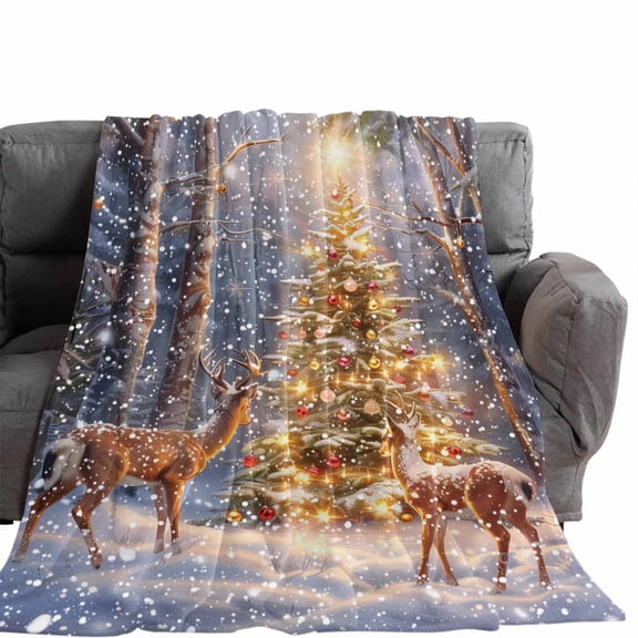 Flannel Throw Blanket for Couch Sofa Bed,Christmas Tree Deer Snowing Forest Soft Cozy Warm Fuzzy Blanket 50x60in