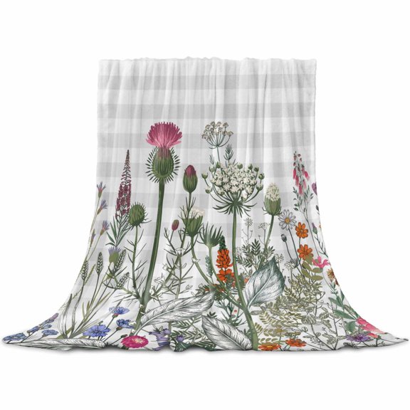 Flannel Throw Blanket for Couch Sofa Bed,Country Wildflower Herb Watercolor Soft Cozy Warm Fuzzy Blanket 40x50in