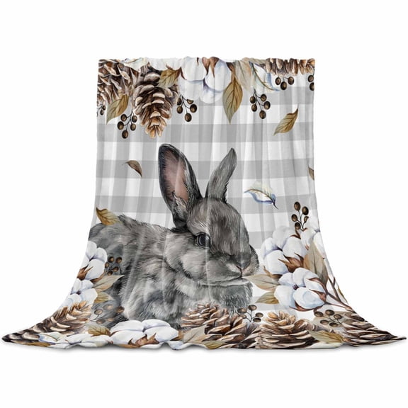 Flannel Throw Blanket for Couch Sofa Bed,Countryside Rabbits on Gray White Plaid Soft Cozy Warm Fuzzy Blanket 30x40in