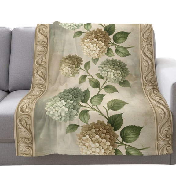 Flannel Throw Blanket for Couch Sofa Bed,Cream Gold Hydrangeas Soft Cozy Warm Fuzzy Blanket 40x50in