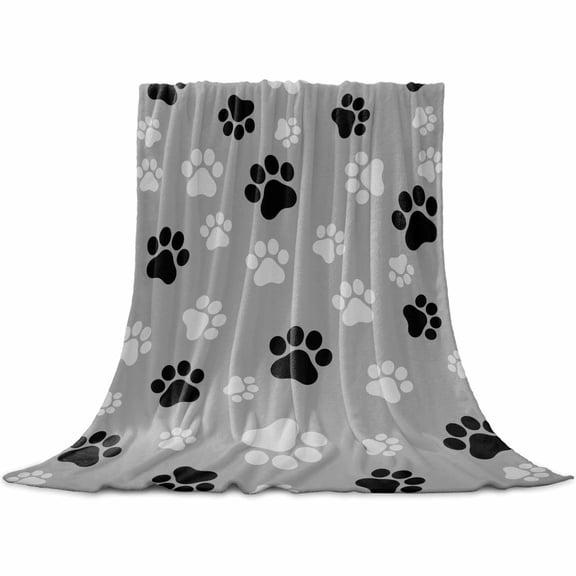 Flannel Throw Blanket for Couch Sofa Bed,Dog Paw Print Black Gray Soft Cozy Warm Fuzzy Blanket 50x60in