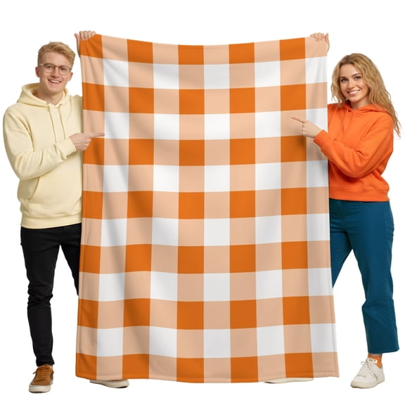 Flannel Throw Blanket for Couch Sofa Bed, Fall Orange Gingham Check Soft Cozy Warm Fuzzy Blanket 30x40in