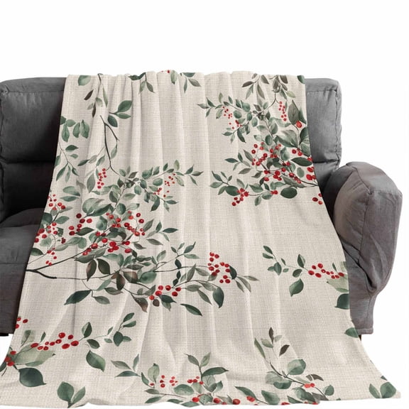 Flannel Throw Blanket for Couch Sofa Bed,Farm Red Berries Green Leaves Watercolor Botanical Soft Cozy Warm Fuzzy Blanket 30x40in