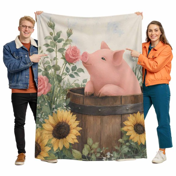 Flannel Throw Blanket for Couch Sofa Bed, Garden Pink Pig Rose Sunflowers Soft Cozy Warm Fuzzy Blanket 30x40in