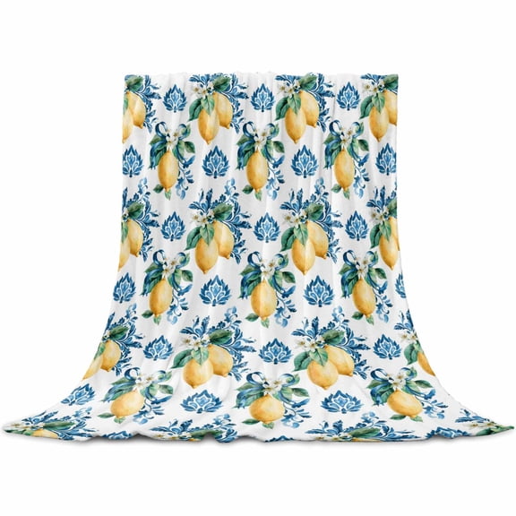 Flannel Throw Blanket for Couch Sofa Bed,Lemon Summer Flower Baroque Style Soft Cozy Warm Fuzzy Blanket 50x60in