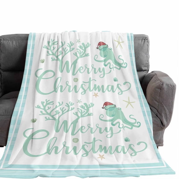 Flannel Throw Blanket for Couch Sofa Bed,Merry Christmas Santa Octopus Starfish Coral Soft Cozy Warm Fuzzy Blanket 60x80in