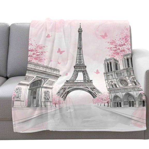 Flannel Throw Blanket for Couch Sofa Bed,Modern Pink Flower Paris Landmarks Soft Cozy Warm Fuzzy Blanket 60x80in
