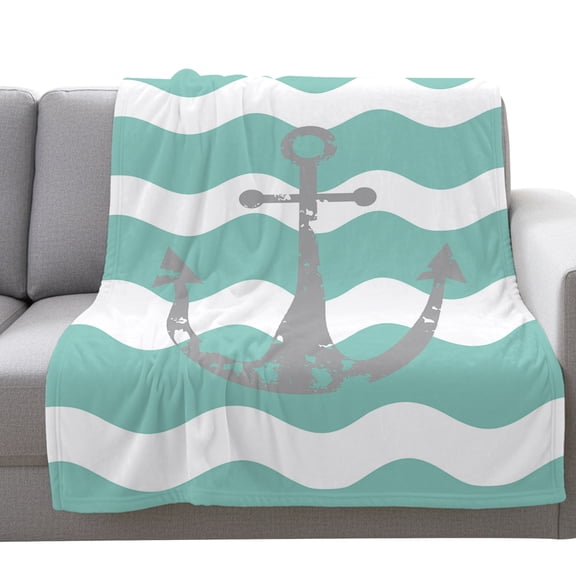 Flannel Throw Blanket for Couch Sofa Bed,Nautical Anchor Teal Zigzag Ripple Chevron Soft Cozy Warm Fuzzy Blanket 40x50in