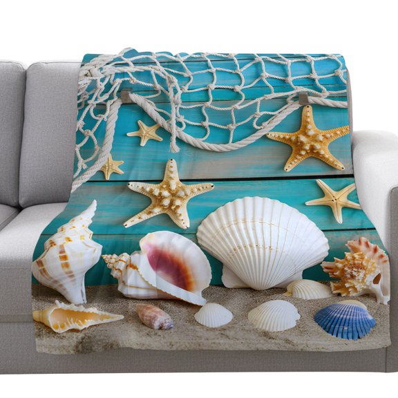 Flannel Throw Blanket for Couch Sofa Bed,Ocean Beach Starfish Conch Fishing Net Soft Cozy Warm Fuzzy Blanket 40x50in