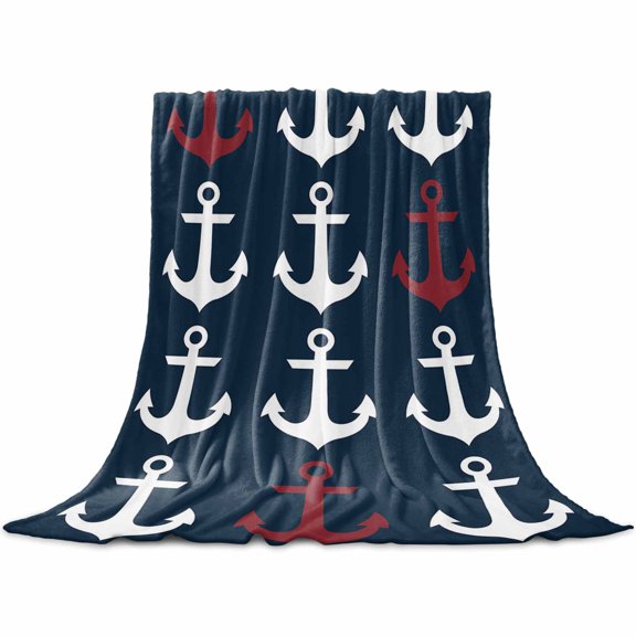 Flannel Throw Blanket for Couch Sofa Bed,Ocean Nautical White and Red Ship's Anchor Soft Cozy Warm Fuzzy Blanket 40x50in