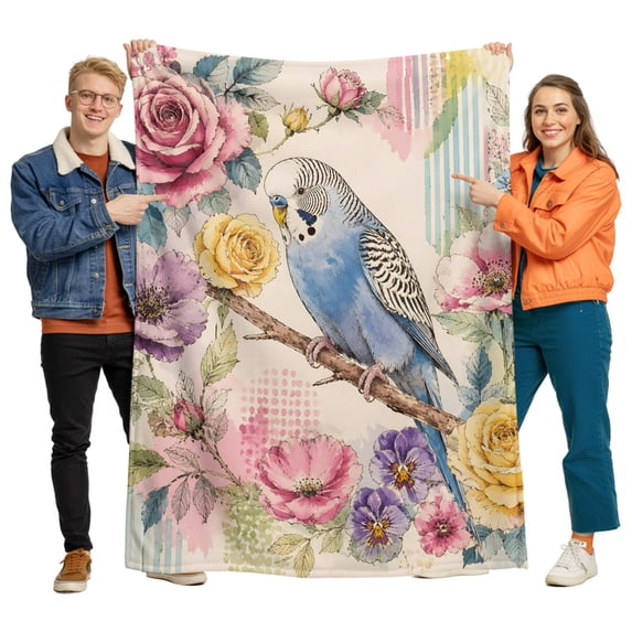 Flannel Throw Blanket for Couch Sofa Bed, Retro Blue Budgerigar Soft Cozy Warm Fuzzy Blanket 50x60in