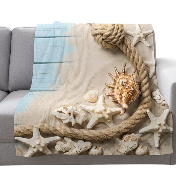 Flannel Throw Blanket for Couch Sofa Bed,Rustic Coastal Conch Rope Starfish Soft Cozy Warm Fuzzy Blanket 40x50in