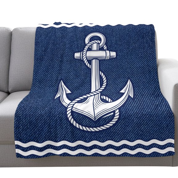 Flannel Throw Blanket for Couch Sofa Bed,Rustic Midnight Blue Ship Anchor Soft Cozy Warm Fuzzy Blanket 60x80in