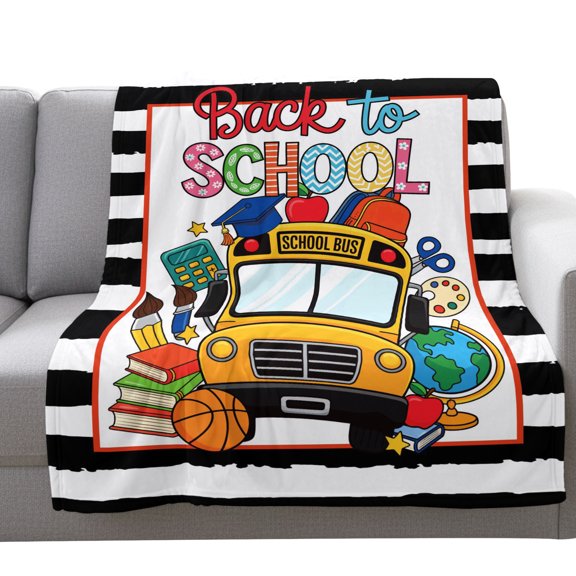 Flannel Throw Blanket for Couch Sofa Bed,School Season Bus Basketball Book Soft Cozy Warm Fuzzy Blanket 40x50in