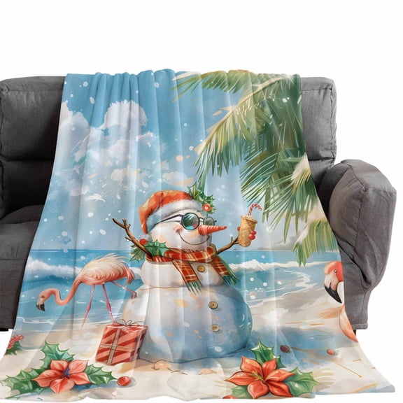 Flannel Throw Blanket for Couch Sofa Bed,Snowman Christmas Flamingo Beach Blue Waves Soft Cozy Warm Fuzzy Blanket 60x80in