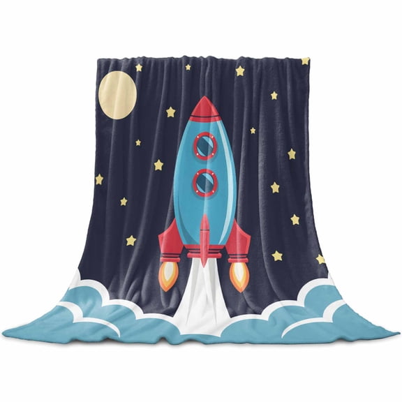 Flannel Throw Blanket for Couch Sofa Bed,Space Rocket Moon Star Soft Cozy Warm Fuzzy Blanket 60x80in